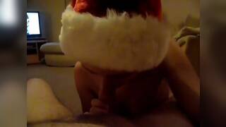 Small titted wife give an Xmas blowjob
