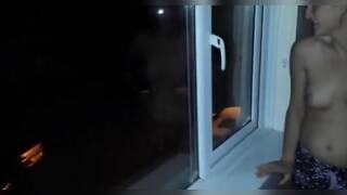 Amateur exhibitionist wife risky flashing small tits to the street