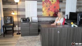 Vicky Vette and Julia Ann inside an office room in lesbian and Strap-on dildo scenes