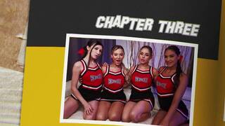 Four gorgeous lesbian cheerleaders on a white leather sofa in lesbian mobile filming