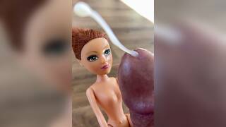 Secondhand Big head petite body Barbie Doll rub face on asshole precum and cumshot