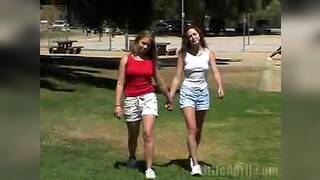 Two teenage lesbians licking eachothers pussy outdoors