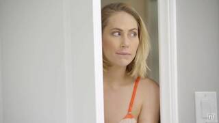 Milana May and Carter Cruise on a blue bed in lesbian and lesbian dildo scenes