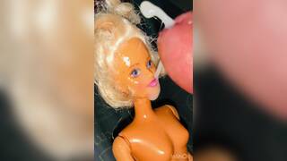 Naked Ballerina Barbie doll playing with my cock precum and facial cumshot
