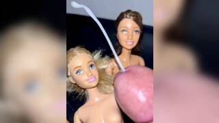 Blonde and Brunette secondhand  Barbie dolls precum play and 2 cumshot facials