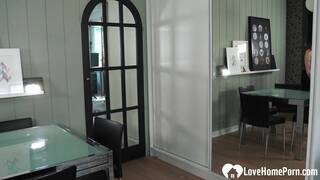 Busty girlfriend gets fucked in the kitchen