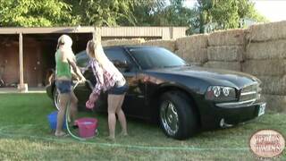 Texas Twins Car Wash Nude Threesome Pussy Exposed