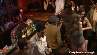 Hot slaves Alex Chance and Alice Frost are bound and anal fucked at public party