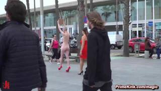 Publicly humiliated and rough fucked shaved head slave