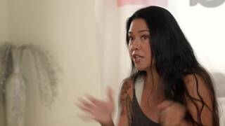 Dana Vespoli and Freya Parker on a grey coloured bed in several lesbian scenes