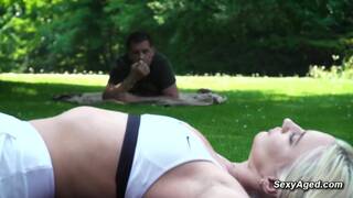 Old man Philippe Soine fucks sexy blonde Angela Vidal in the public park