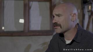 Baldheaded husband Charles Dera fucks busty wife Queenie Sateen