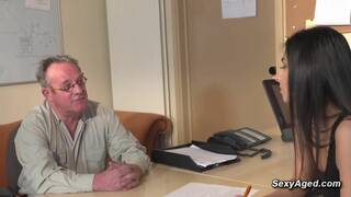 Old grandpa fucks shaved pussy teen Angela Allison on the desk in the office