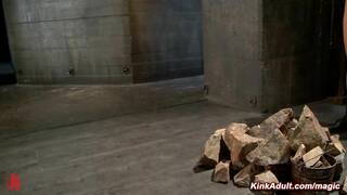 Blonde slave Amanda Tate gagging on cock and fucking in doggy style bondage position