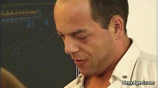 Busty hairy German granny Lola R gangbanged by two men