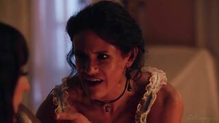 Penny Barber, August Skye & Lana Smalls white bed lesbian and vibrator threesome