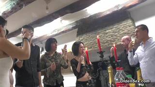 MILFs and babe in amateur group sex after dinner