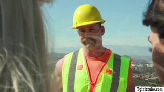 Construction worker drills the ass of two horny TS