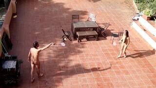 Public Courtyard Blowjob and Fucking with a Hot Brunette Amateur Couple