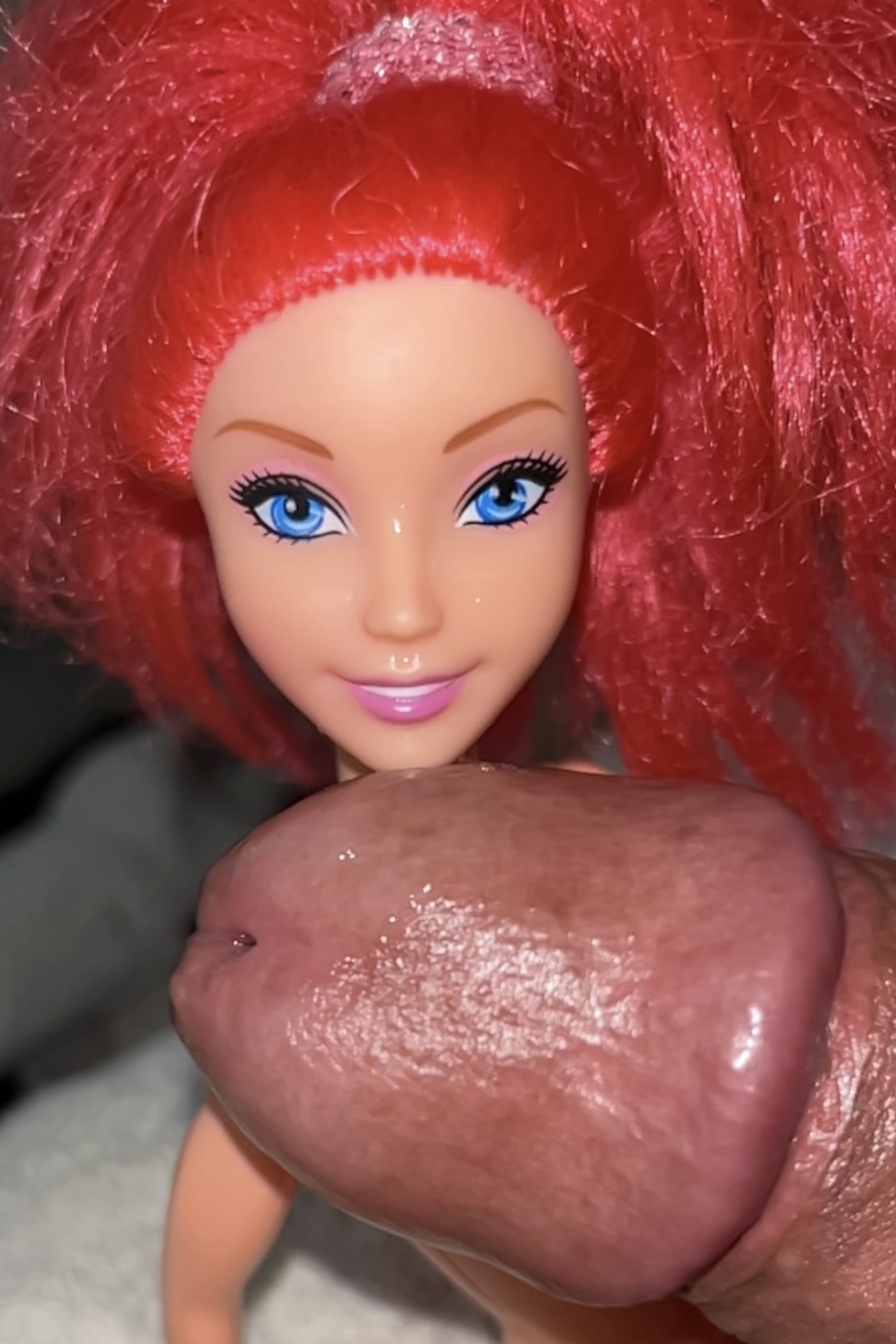 Secondhand store redhead fake Barbie precum and cumshot