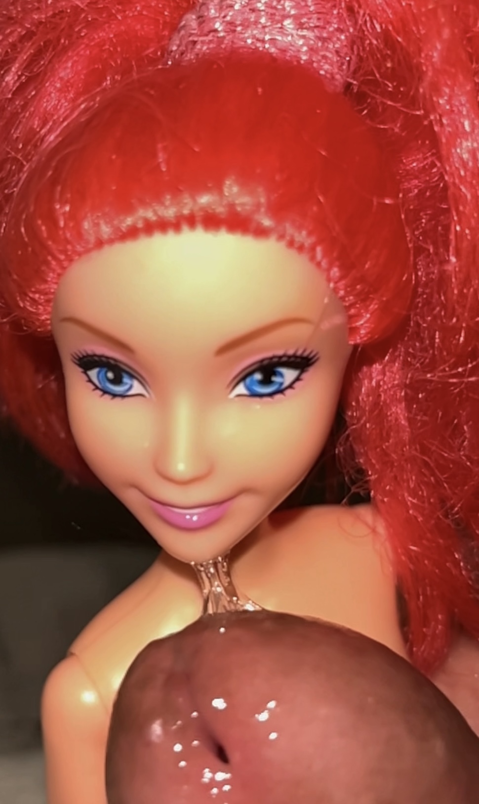 Secondhand store redhead fake Barbie precum and cumshot