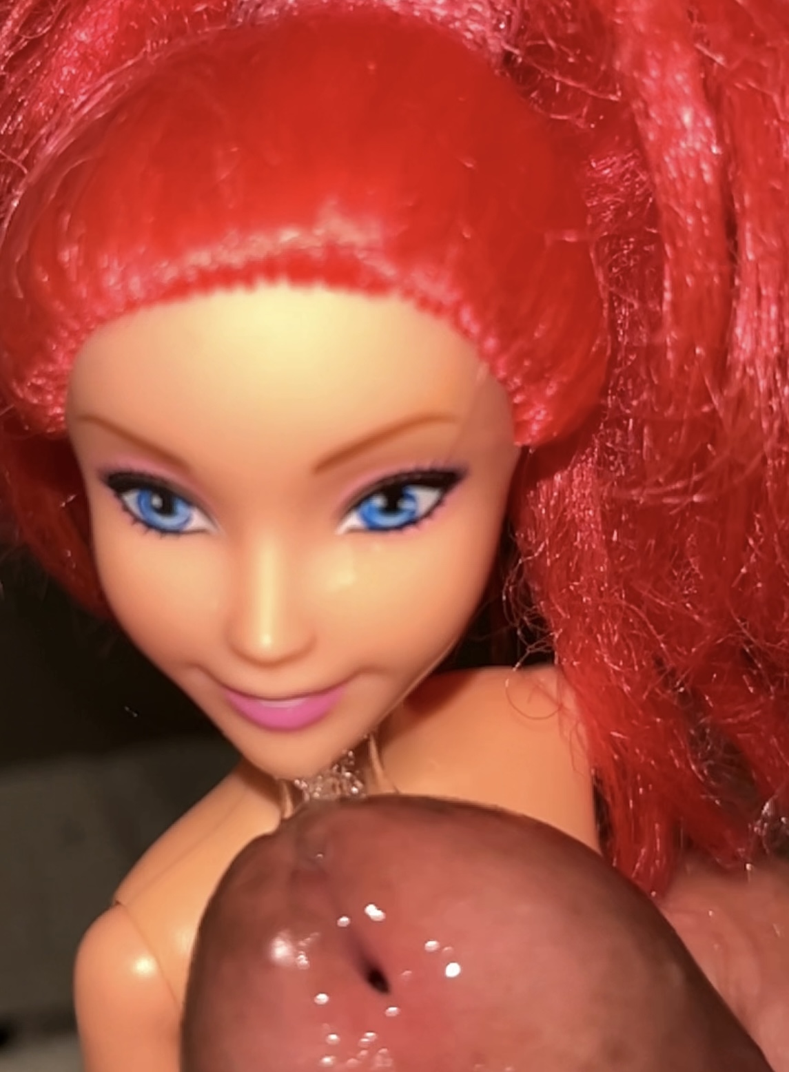 Secondhand store redhead fake Barbie precum and cumshot