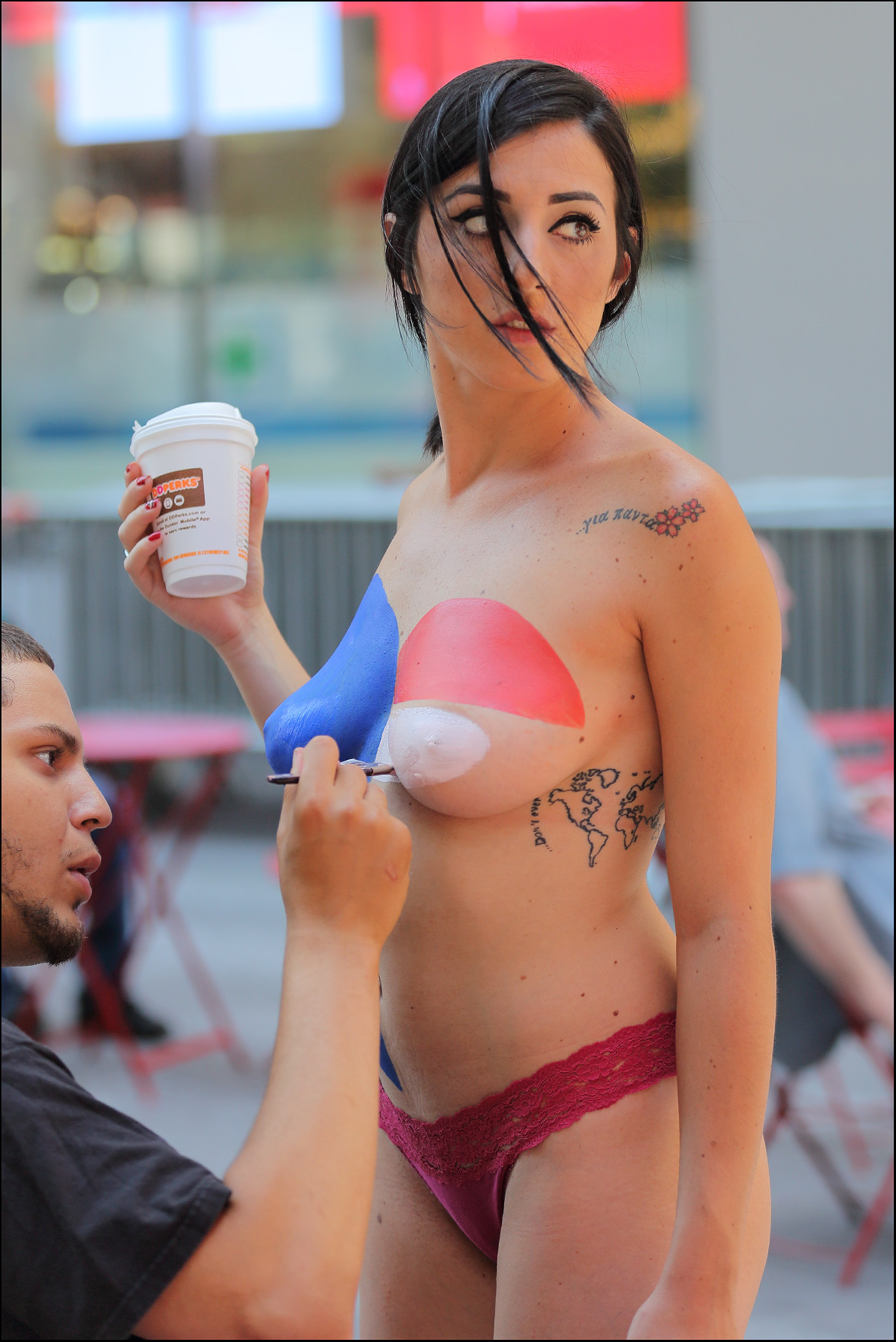 Sexy Brunette Bodypaint Big Tits Pink Thong Panties