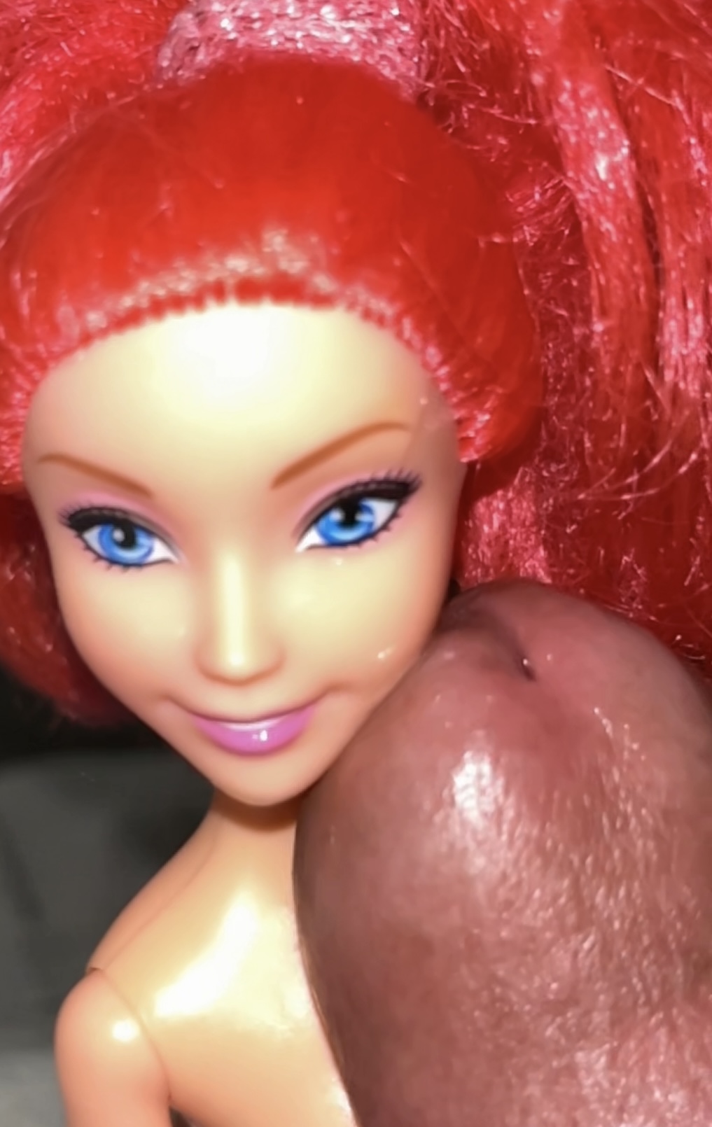 Secondhand store redhead fake Barbie precum and cumshot